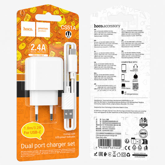 CARGADOR HOCO CS51A 2.4A DUAL PORT TIPO C