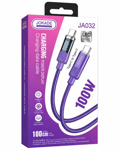 CABLE TIPO C A TIPO C 100W CON VISOR LED JOKADE JA032