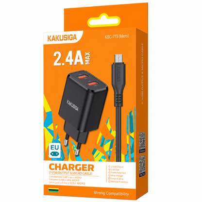 CARGADOR MICRO USB 2.4A DOBLE PUERTO USB KAKUSIGA KSC-964