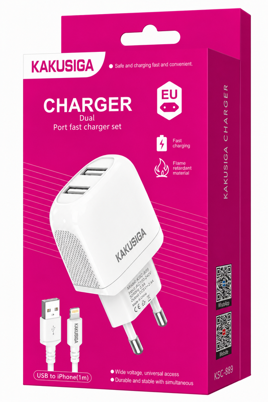 CARGADOR IPHONE 2.4A DOBLE PUERTO USB KAKUSIGA KSC-964