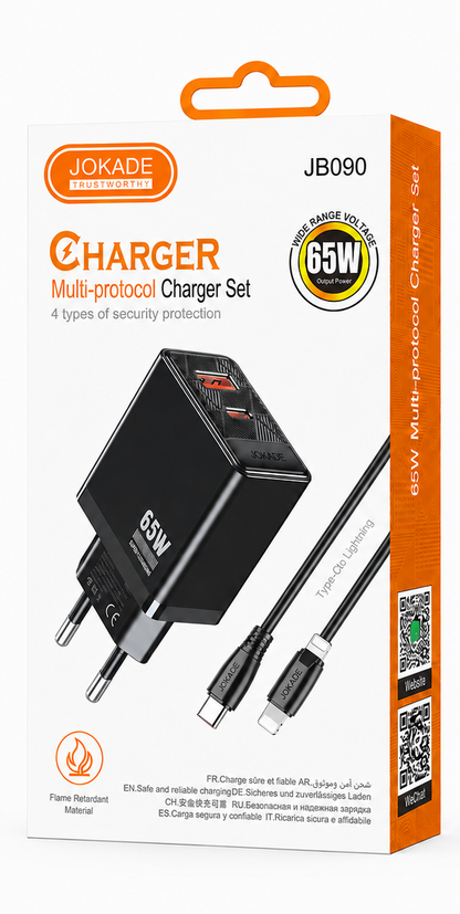 CARGADOR IPHONE 65W CARGA RÁPIDA JOKADE JB040