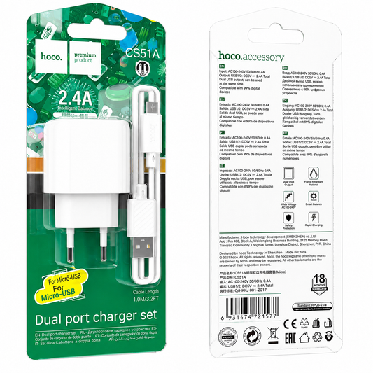 CARGADOR HOCO CS51A 2.4A DUAL PORT MICRO USB