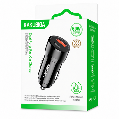 CARGADOR DE VEHÍCULO TIPO-C MÁS USB KAKUSIGA KSC-1972 LIHUA 60W CARGA RÁPIDA