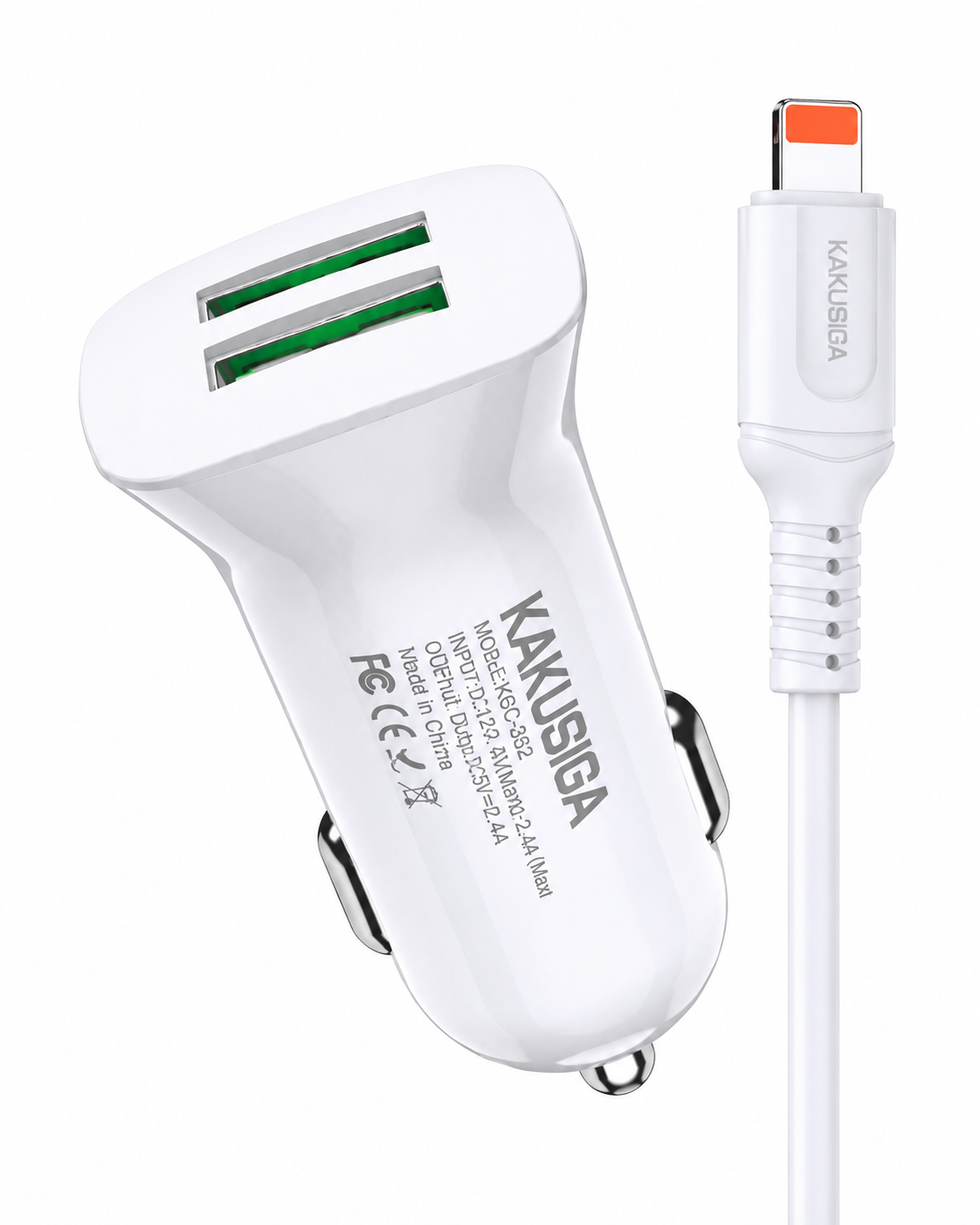 CARGADOR DE VEHÍCULO 2 USB MÁS CABLE IPHONE KAKUSIGA KSC-854 3A