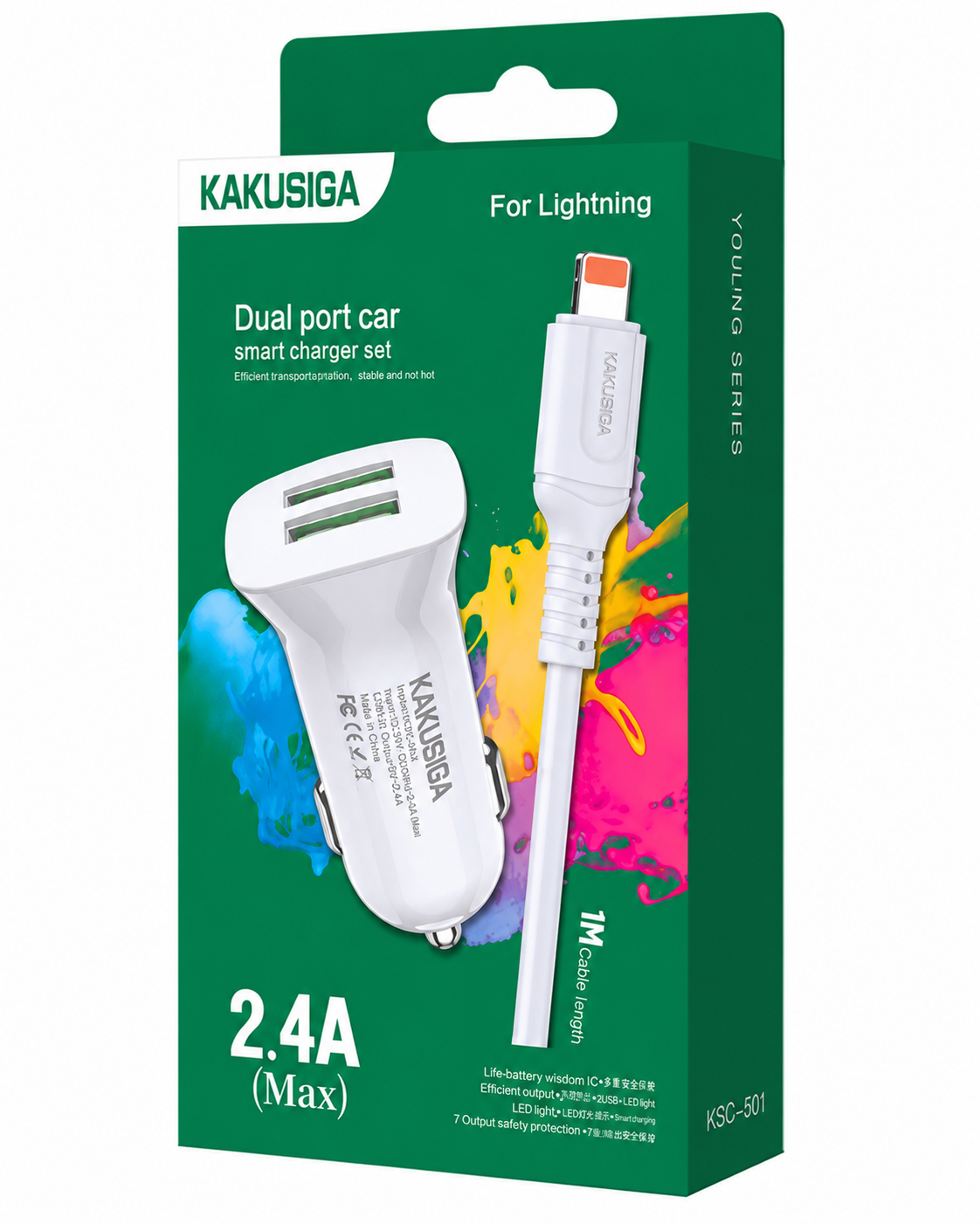 CARGADOR DE VEHÍCULO 2 USB MÁS CABLE IPHONE KAKUSIGA KSC-854 3A