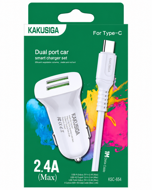 CARGADOR DE VEHÍCULO 2 USB MÁS CABLE TIPO-C KAKUSIGA KSC-854 3A