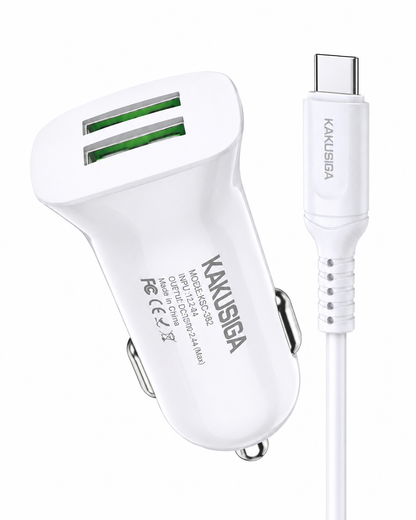 CARGADOR DE VEHÍCULO 2 USB MÁS CABLE TIPO-C KAKUSIGA KSC-854 3A