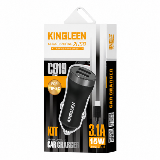 CARGADOR DE VEHÍCULO 2 USB MÁS CABLE TIPO-C KINGLEEN C919 3A