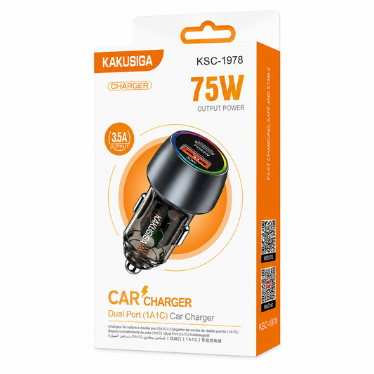CARGADOR DE VEHÍCULO TIPO-C MÁS USB KAKUSIGA KSC-1978 75W CARGA RÁPIDA