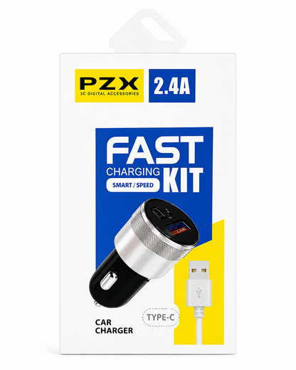 CARGADOR DE VEHÍCULO TIPO-C MÁS USB CON CABLE TIPO-C PZX 2.4A
