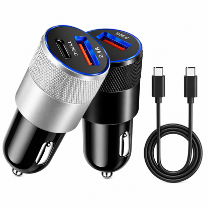 CARGADOR DE VEHÍCULO TIPO-C MÁS USB CON CABLE TIPO-C PZX 2.4A