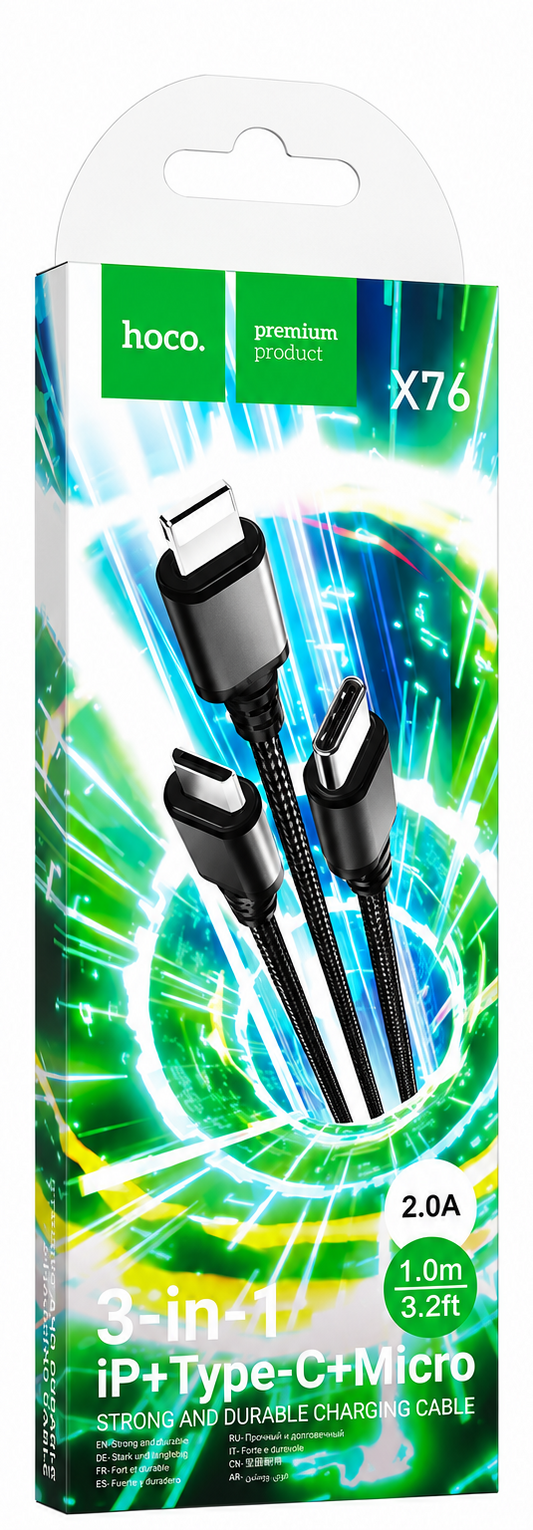 CABLE 3 EN 1 HOCO X76 LIGHTNING MICRO USB Y TIPO C